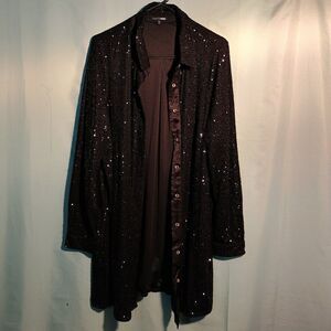 Black Sequin Longline Duster Cardigan | Sparkly Button-Front Jacket